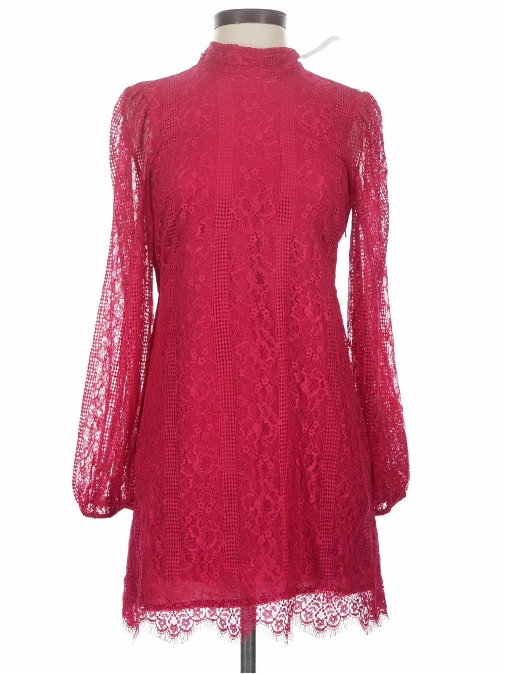 Anthropologie Lace Long-Sleeve High-Neck Dress in Fuchsia